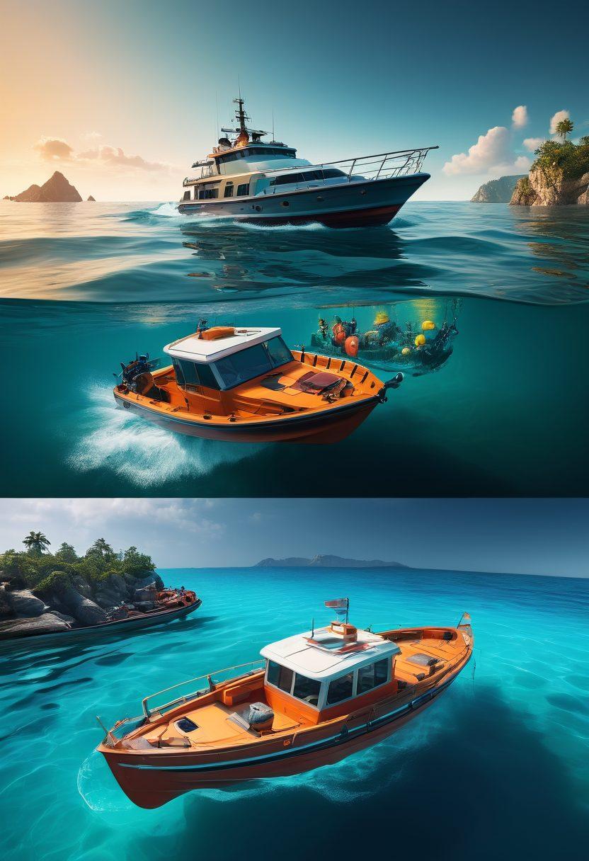 A split image showcasing a boat on calm waters with anchors, transitioning into a vibrant gaming world filled with avatars and digital landscapes. Incorporate elements of safety like a life jacket and shield near the boat, and a virtual lock hovering over the avatars. The contrast between the relaxing maritime scene and the dynamic gaming environment should evoke a sense of protection and strategy. super-realistic. vibrant colors. 3D.