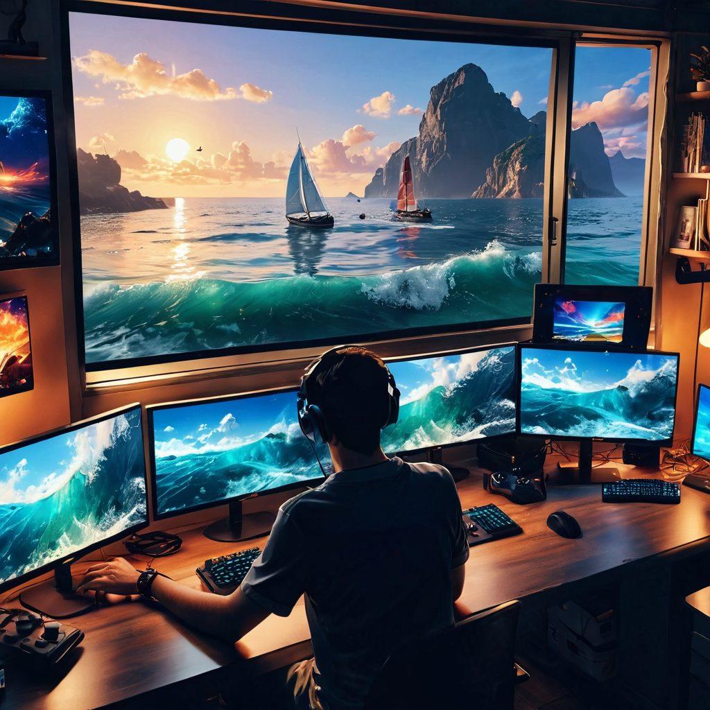 A split scene showcasing a tranquil sea with a sailor expertly steering a beautiful sailboat on one side, while on the other side, an anime gamer passionately playing with an intricate gaming setup featuring bright screens and fantasy character art in the background. The imagery should reflect adventure and strategy, with elements like waves crashing and fun gaming accessories blending into the composition. super-realistic. vibrant colors. dynamic contrast.