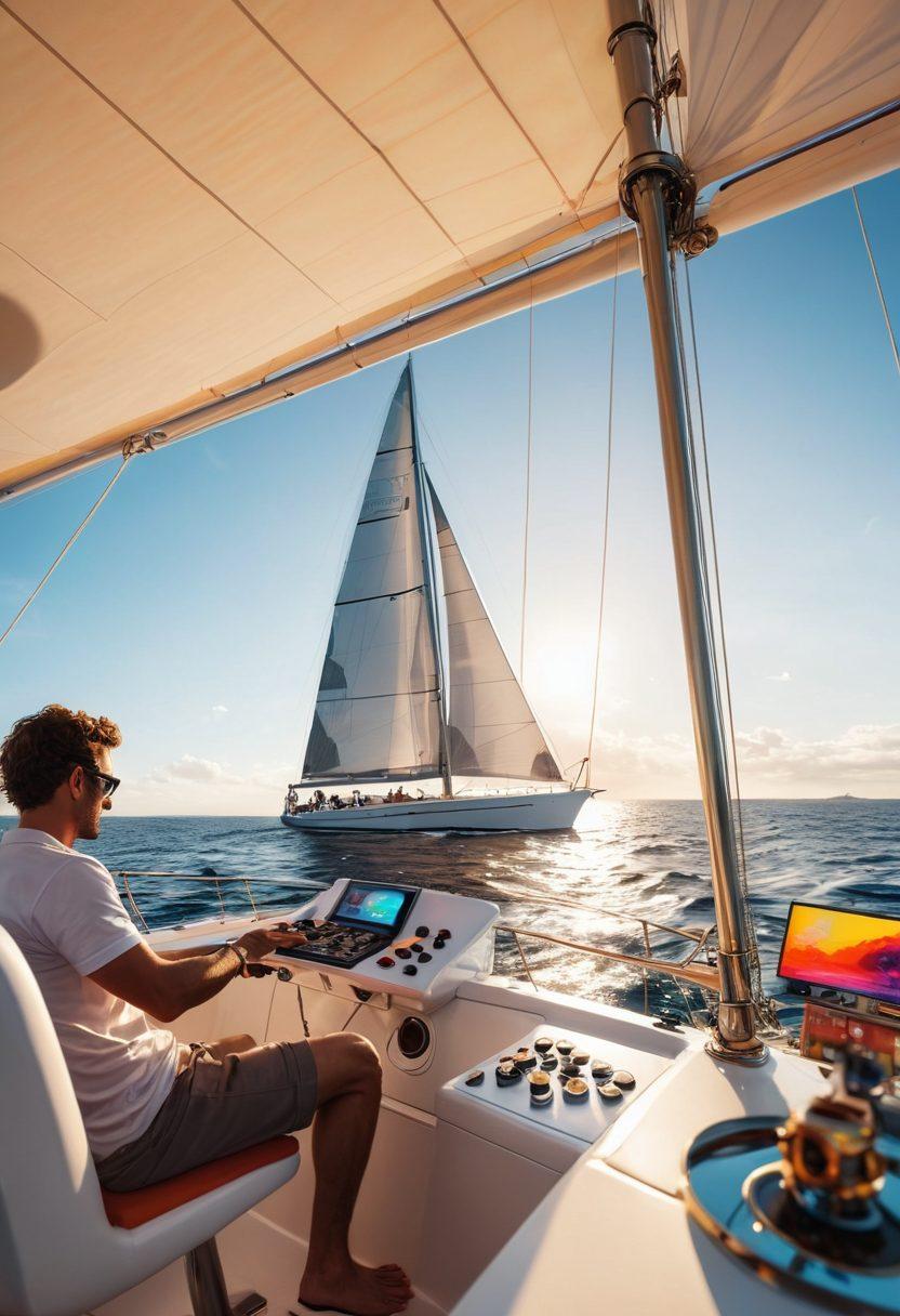 A serene scene of a yacht sailing smoothly across calm waters, with vibrant sails catching the sunlight. Nearby, a gamer in a cozy gaming chair, intensely focused on a console, surrounded by colorful game posters and accessories. A split view shows the juxtaposition of luxury sailing and engaging video gaming, emphasizing safety and protection. The colors are bright and inviting, highlighting the joy in both sailing and gaming. super-realistic. vibrant colors. white background.